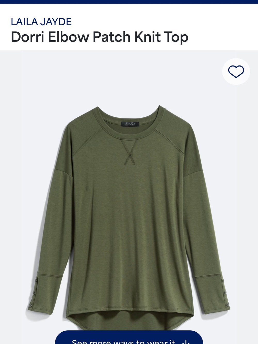 Laila Jayde Olive Green Long Sleeve Elbow Patch Top